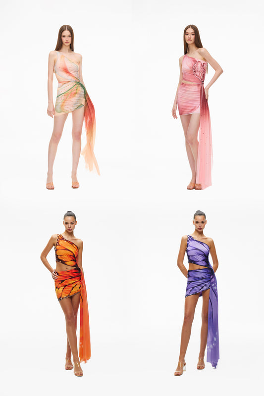 XENASERA LILY IN VEIN /ORCHID IN FLIGHT/DANAUS GENUTIA WING/ASTEROPE PECHUELI WING DRESS