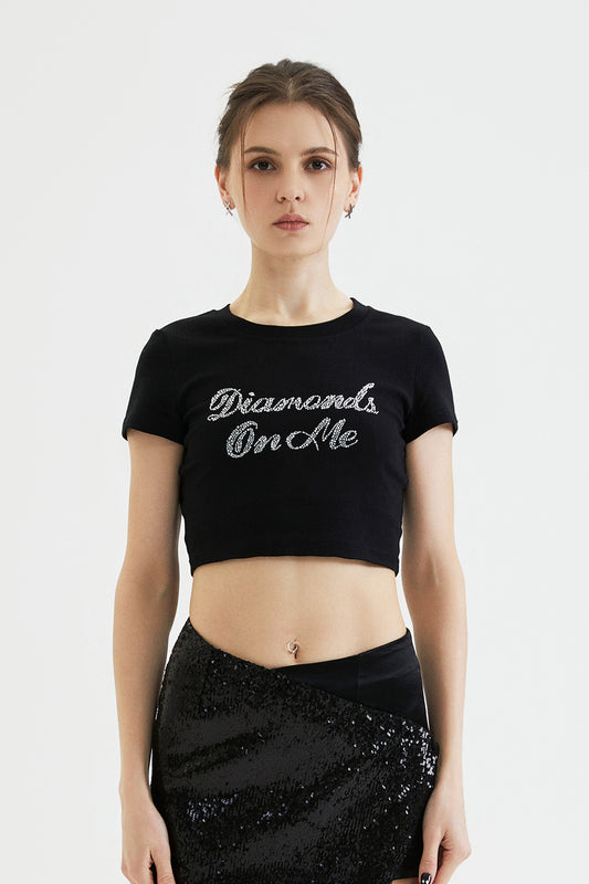 DIAMONDS ON ME SLOGAN BLACK T-SHIRT